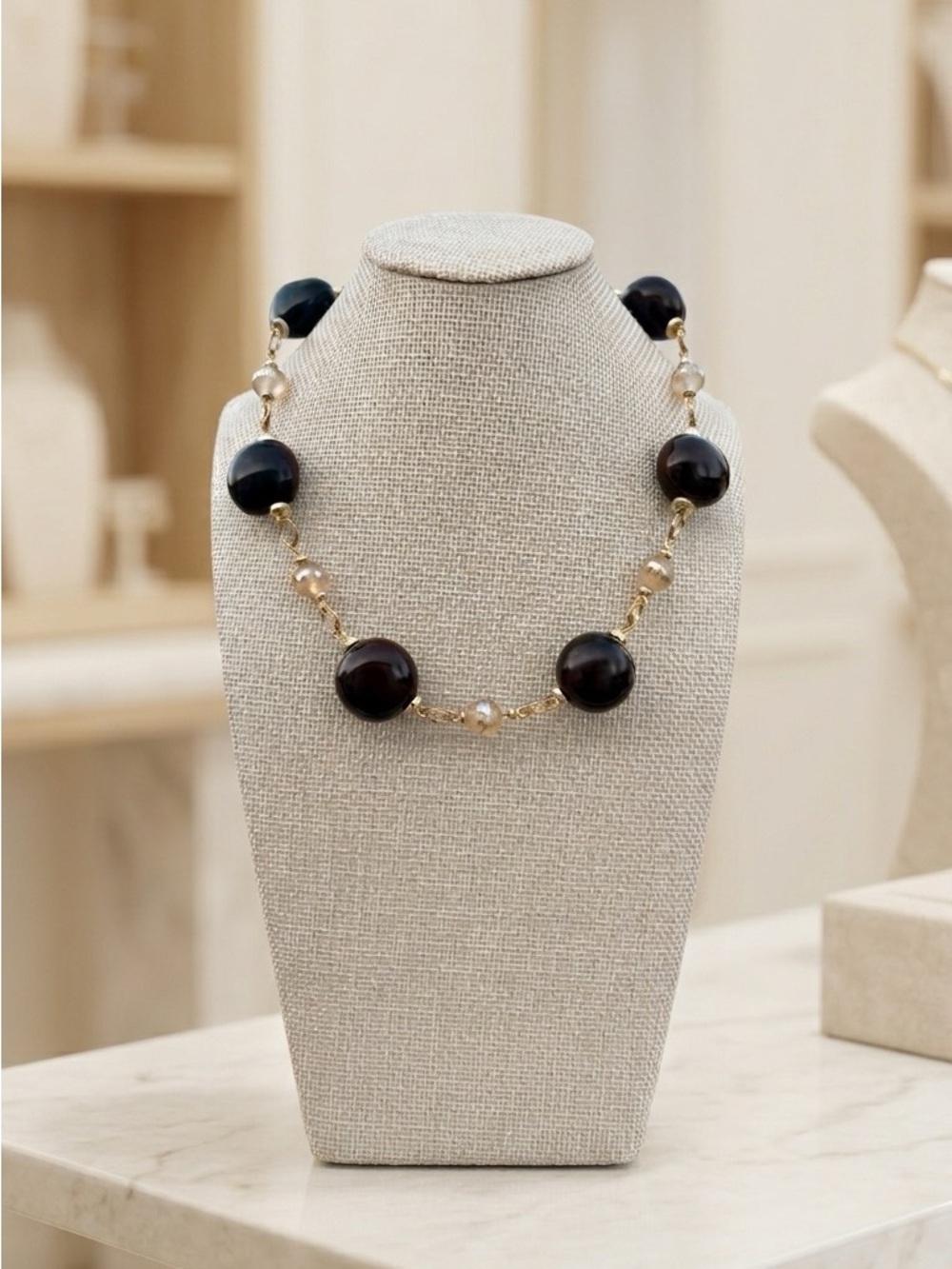 Elegant Brown Nuts, Champagne Glass Beads & Gold Chain Necklace/Earrings Set
